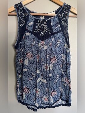 Mason & Belle Boho Floral Paisley Lace Tank Top Blue Sleeveless Size Small